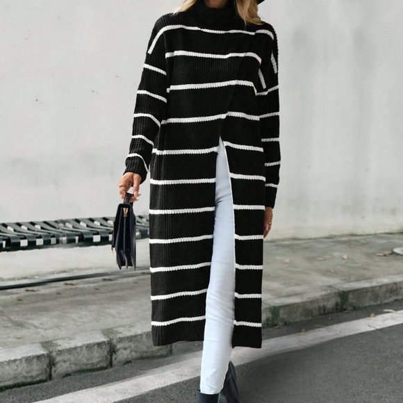 Black and White Casual Striped Pattern Drop Shoulder Split Hem Longline Sweater - Picture 4 of 6